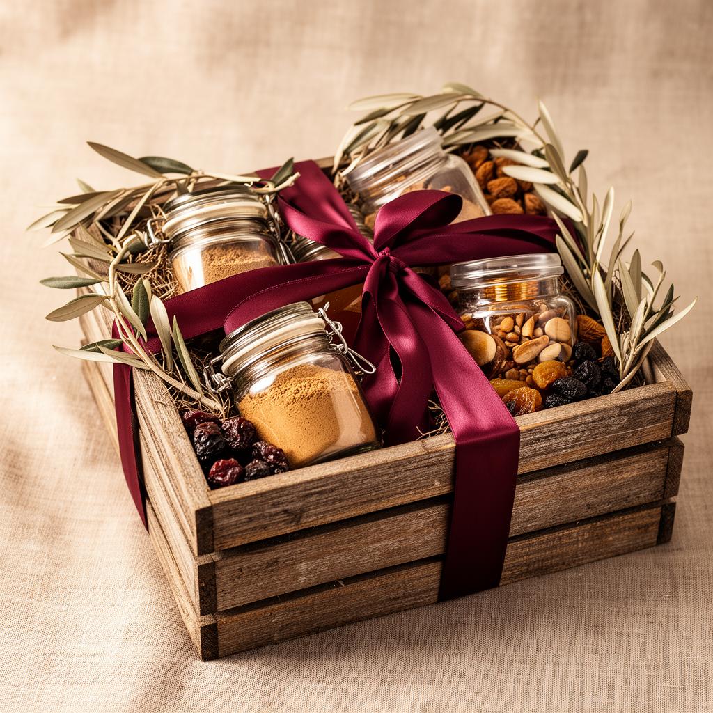 A wooden gift crate of R-Three jars tied with burgundy ribbon and olive branches.