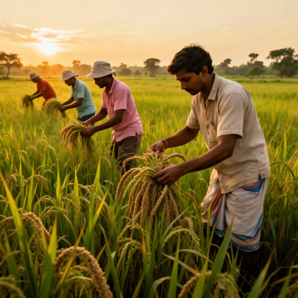 Farmers harvesting finger millet at golden hour in Tamil Nadu.